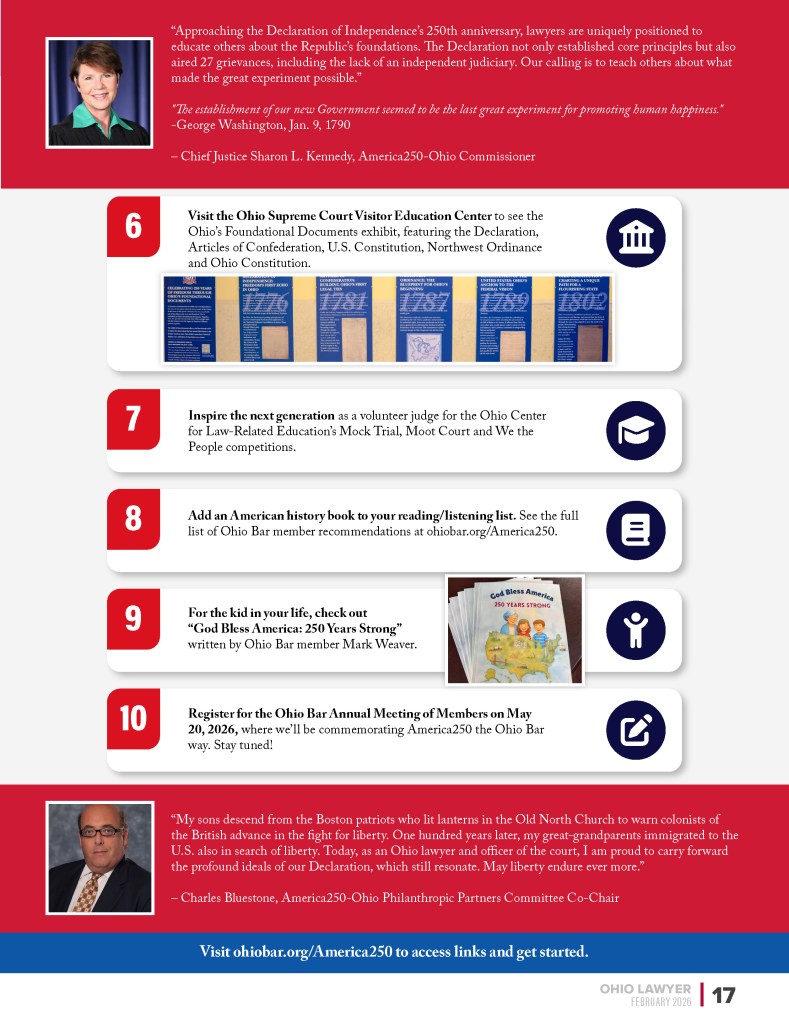 America 250 Ohio featured article in Ohio Lawyer Magazine Charles Bluestone Bluestone Law Group, LLC Property Tax Law Columbus Ohio